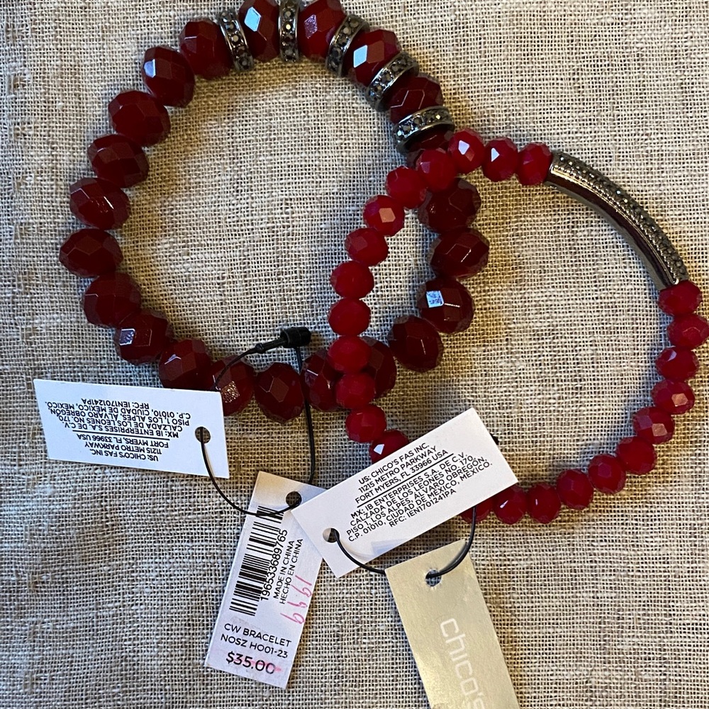 Chico's Romantic Deep Red Beaded Bracelets Crystal & Silver accents